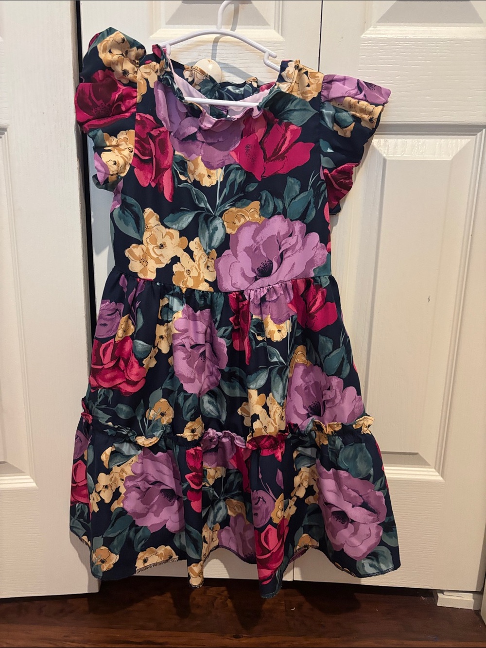 Janie and Jack Navy Floral Tiered Dress with Pink, Purple & Yellow Blooms